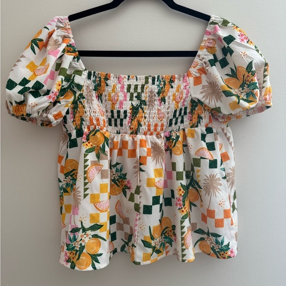 SHEIN Puff Sleeve Babydoll Blouse Women’s Size Large Tropical Print Square Neck - Picture 2 of 6